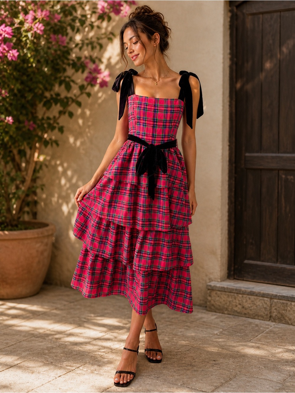 Red Plaid Tiered Midi Dress with Black Velvet Bow